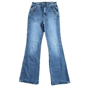 Gap '70s Flare Jeans Womens 4/27R Blue Stretch Button Pockets High Rise Preppy